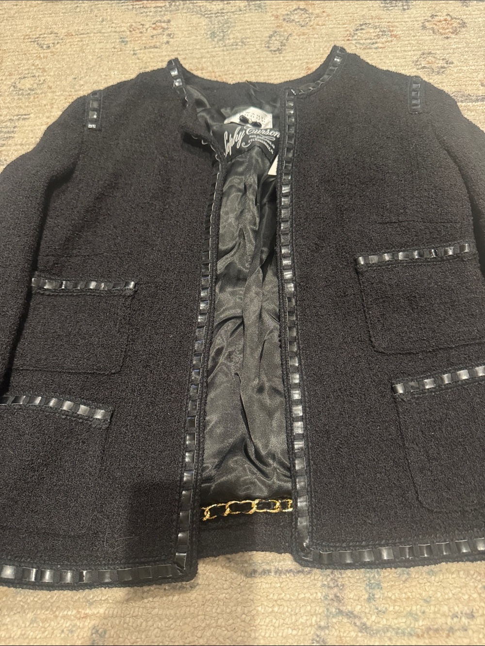 Edward Achour NWT Sophy Curson Cropped Bouclé Pocket Blazer in Black - Picture 2 of 5